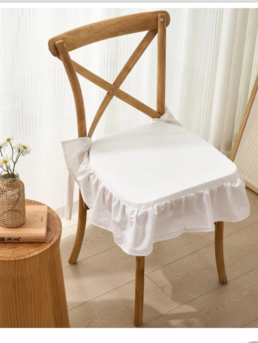 Farmhouse Neutral Thin Chair Cushion with Removable Ruffle Cover 16x16” WHITE